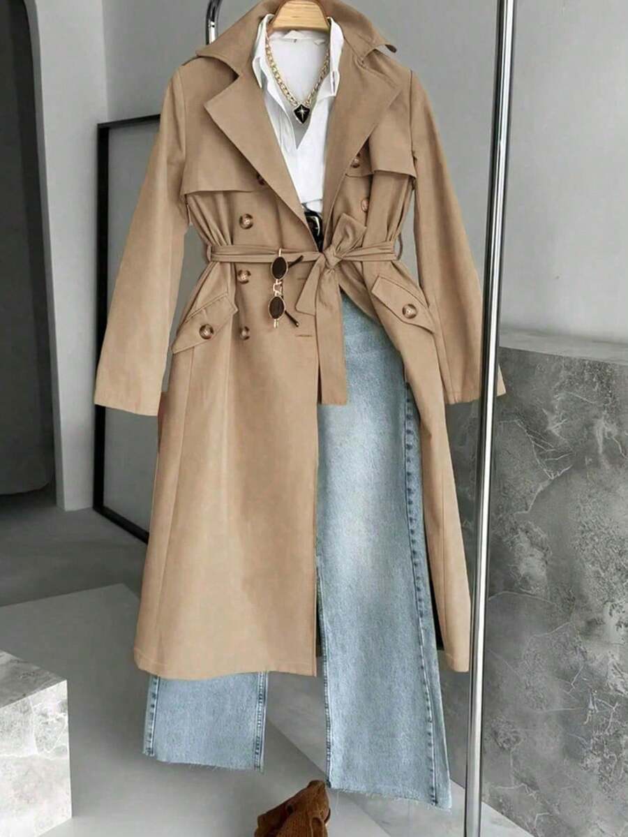 Women's Solid Color Long Sleeve Single-Breasted Casual Trench Coat, Suitable For Autumn/Winter Daily Wear