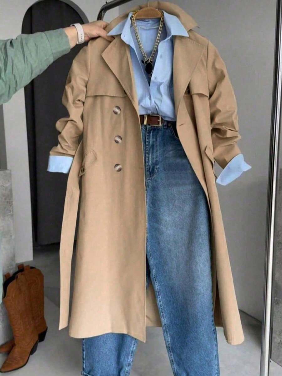 Women's Solid Color Long Sleeve Single-Breasted Casual Trench Coat, Suitable For Autumn/Winter Daily Wear