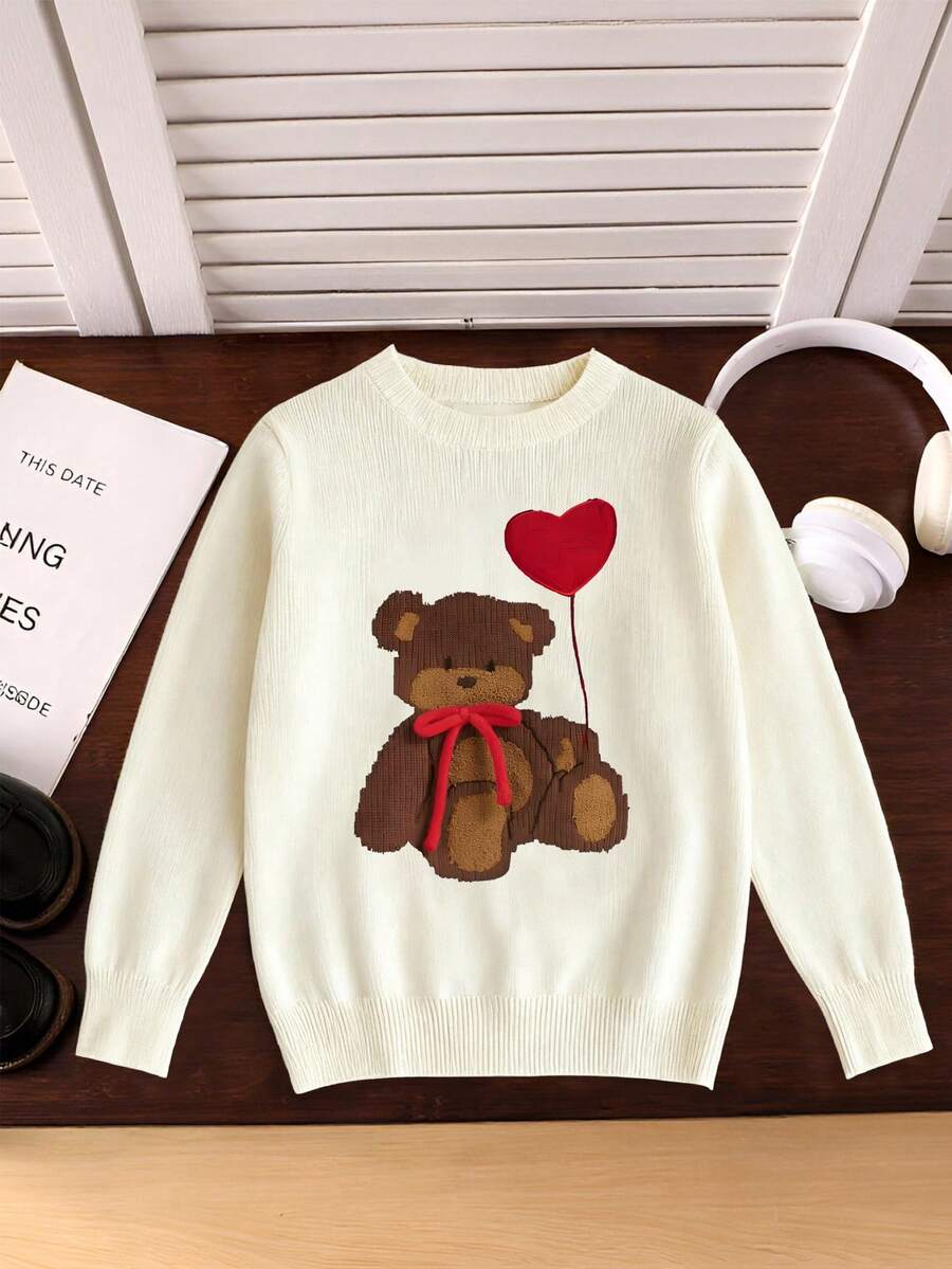 1pc Girls Casual Vintage Leopard Print Bow Graphic Long Sleeve Sweater, Suitable For Autumn/Winter Everyday Indoor