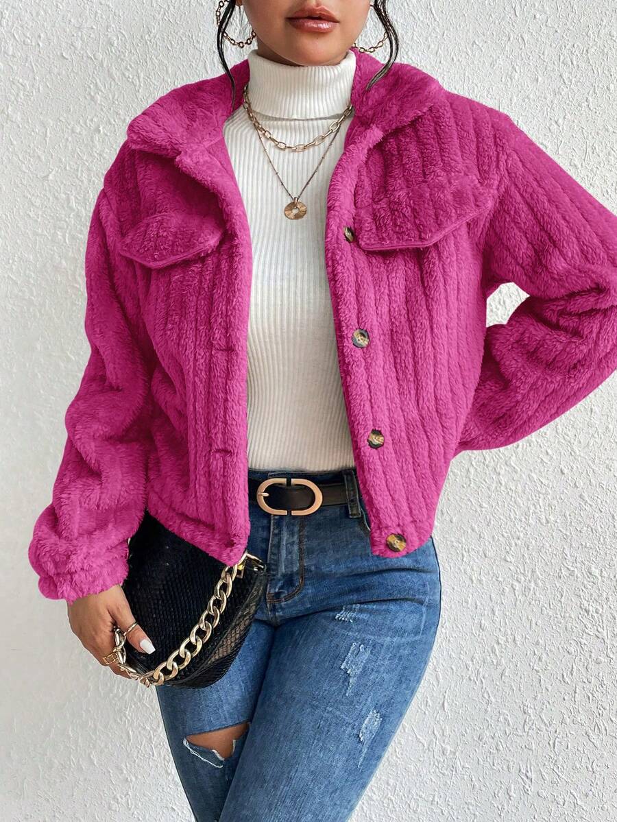 EMERY ROSE Flap Detail Fluffy Jacket Fall Winter Cloth For Women