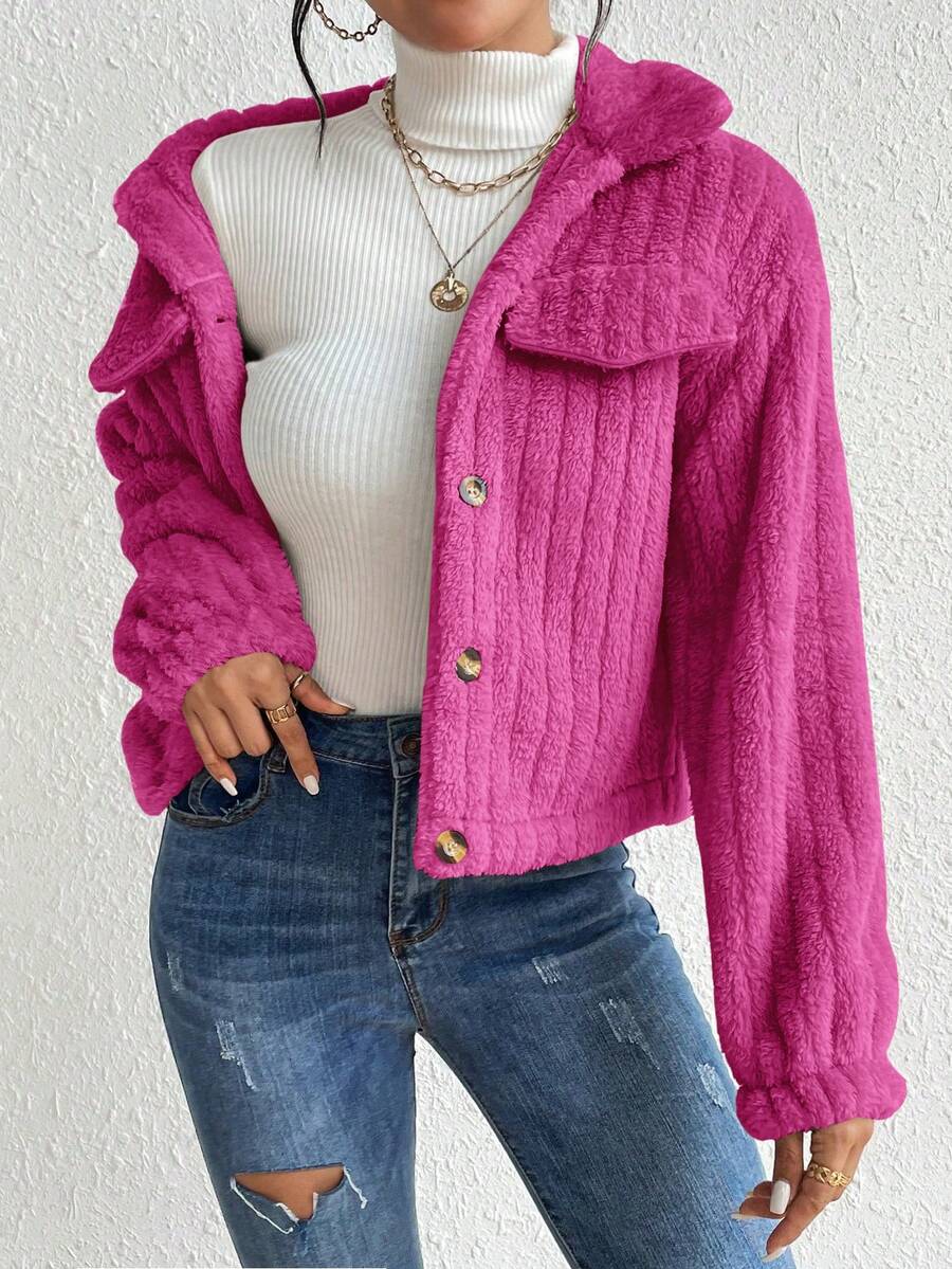 EMERY ROSE Flap Detail Fluffy Jacket Fall Winter Cloth For Women