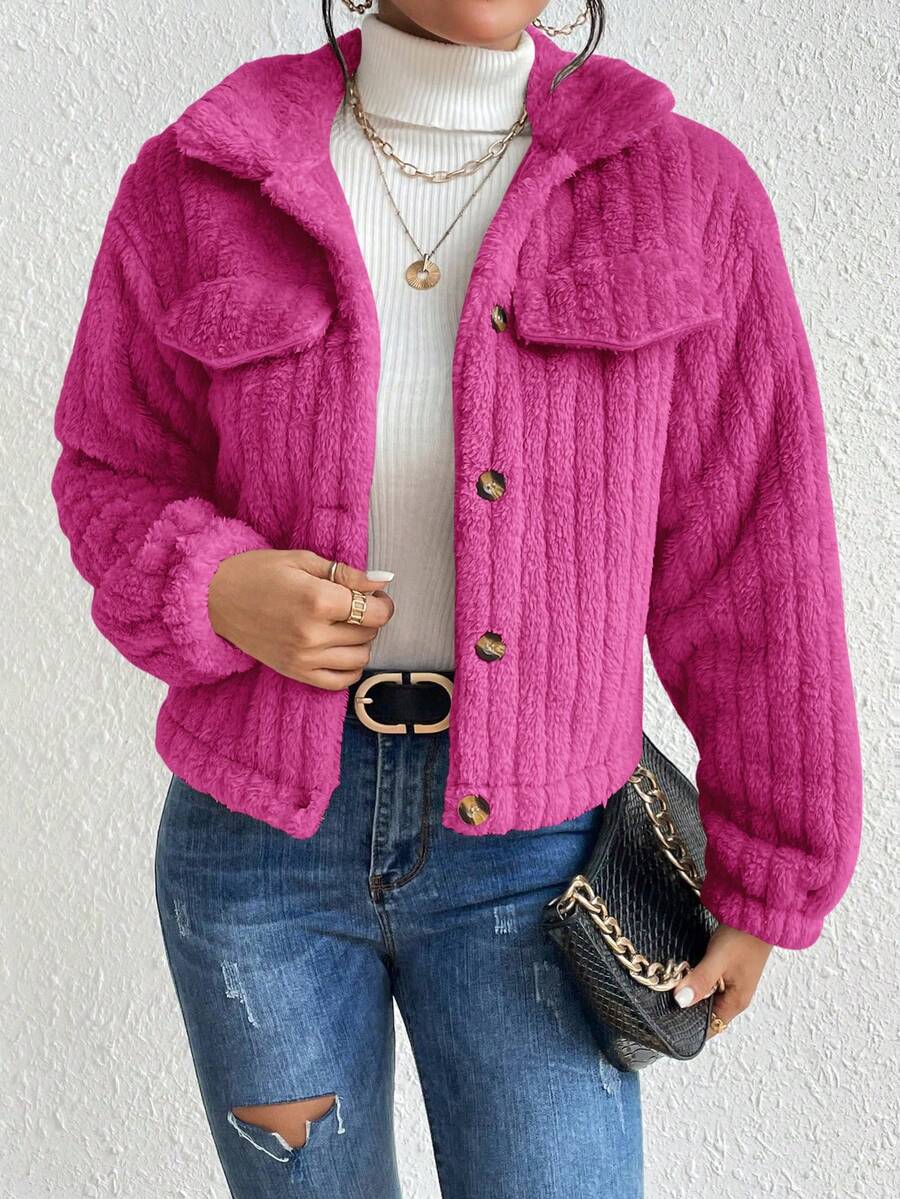 EMERY ROSE Flap Detail Fluffy Jacket Fall Winter Cloth For Women
