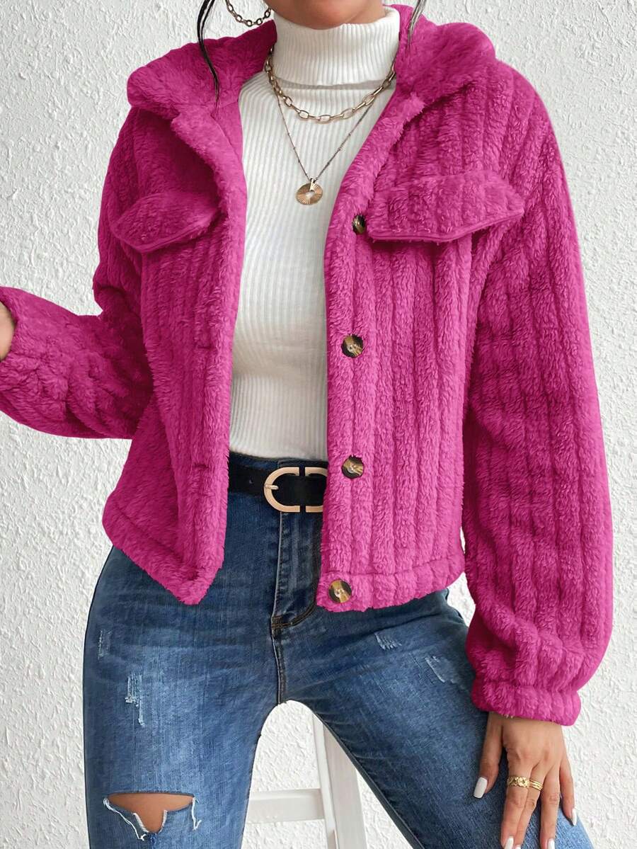 EMERY ROSE Flap Detail Fluffy Jacket Fall Winter Cloth For Women