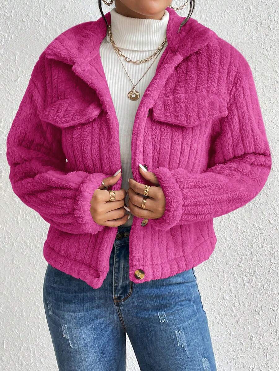 EMERY ROSE Flap Detail Fluffy Jacket Fall Winter Cloth For Women