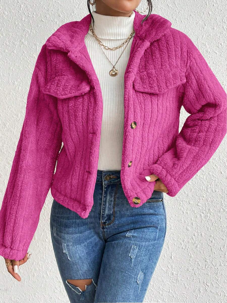 EMERY ROSE Flap Detail Fluffy Jacket Fall Winter Cloth For Women