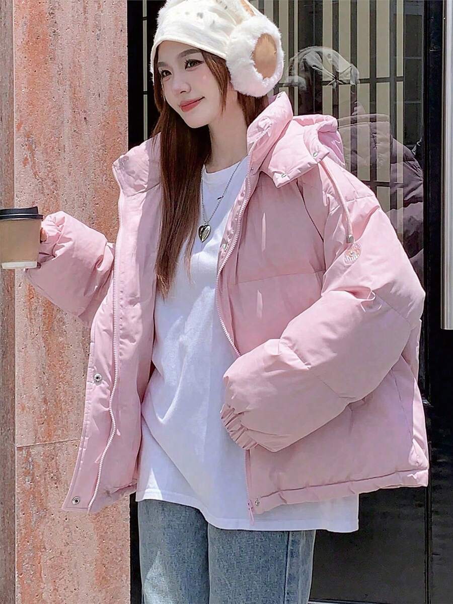 DAZY Women's Solid Color Long Sleeve Zipper Collar Casual Hooded Winter Jacket