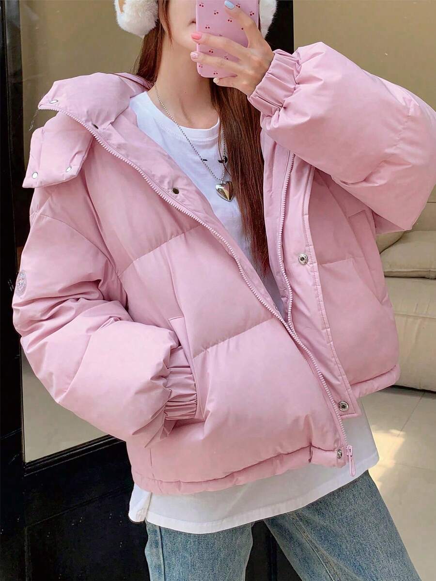 DAZY Women's Solid Color Long Sleeve Zipper Collar Casual Hooded Winter Jacket