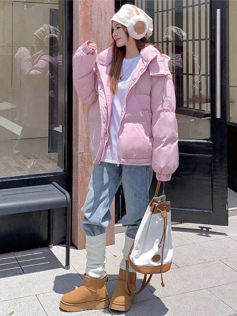 DAZY Women's Solid Color Long Sleeve Zipper Collar Casual Hooded Winter Jacket