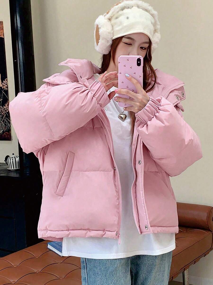 DAZY Women's Solid Color Long Sleeve Zipper Collar Casual Hooded Winter Jacket