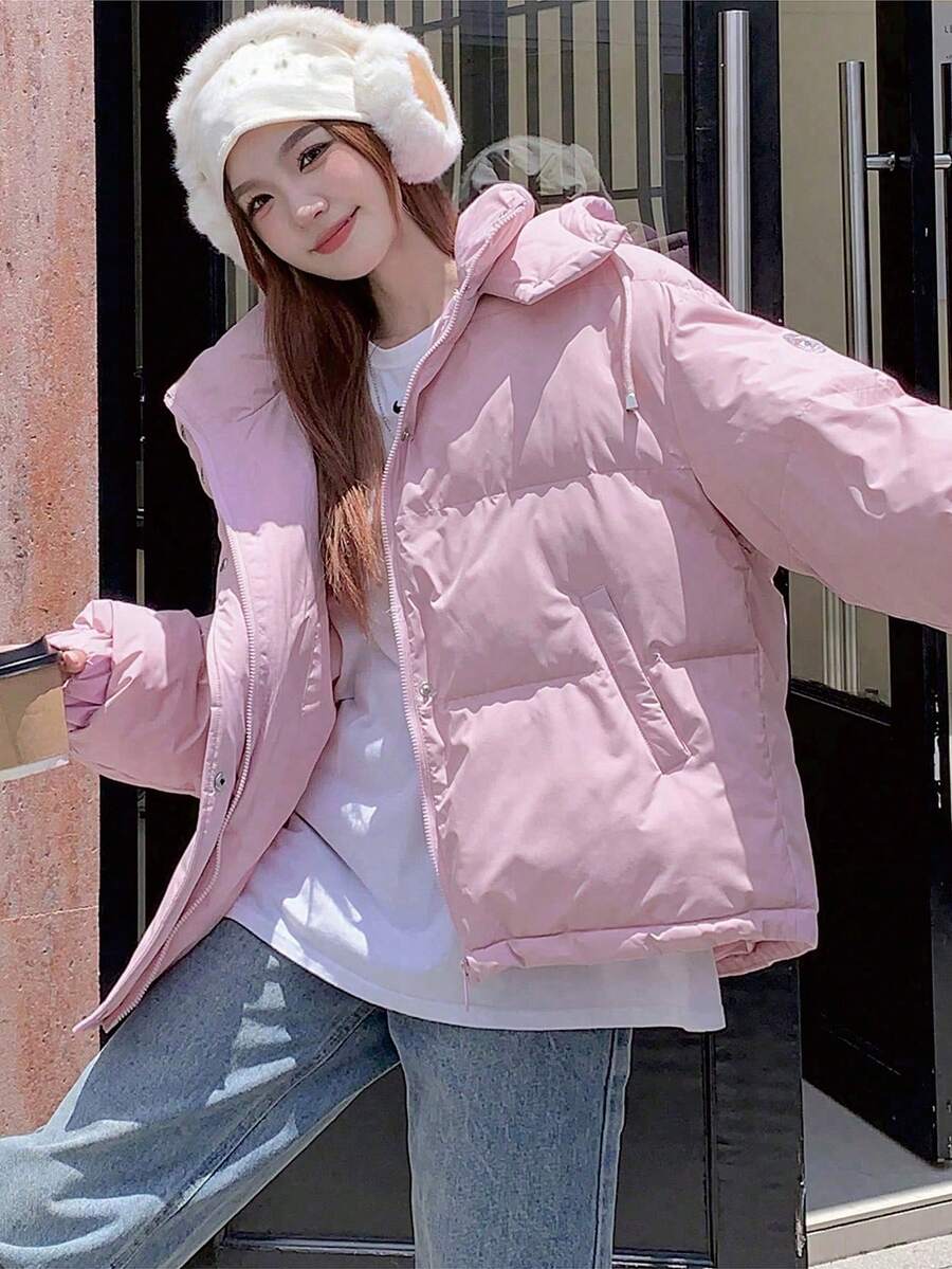 DAZY Women's Solid Color Long Sleeve Zipper Collar Casual Hooded Winter Jacket