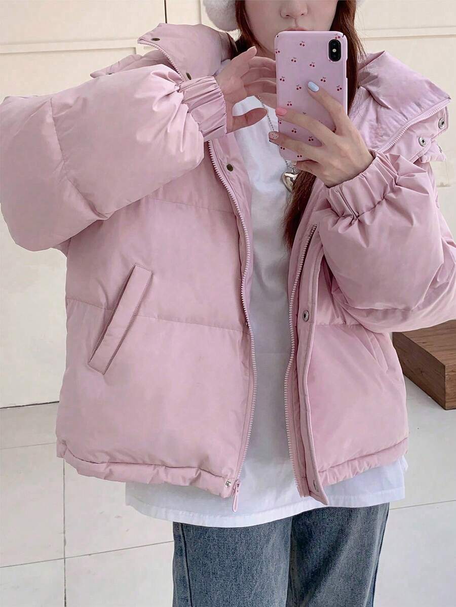 DAZY Women's Solid Color Long Sleeve Zipper Collar Casual Hooded Winter Jacket