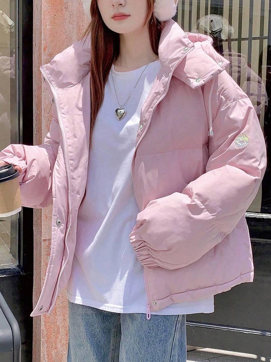 DAZY Women's Solid Color Long Sleeve Zipper Collar Casual Hooded Winter Jacket