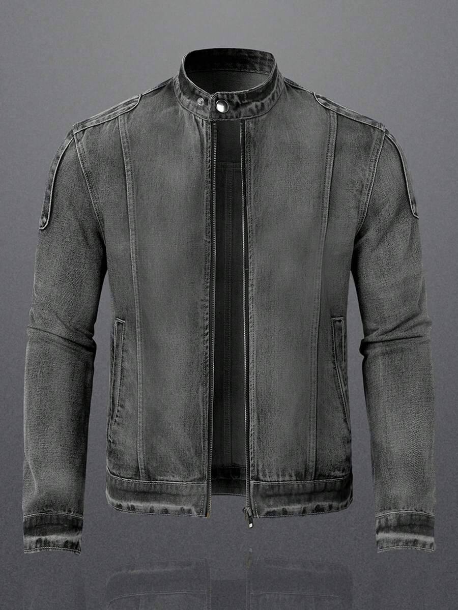 Manfinity Homme Men's Biker-Style Zip-Up Denim Jacket With Collar For Men, For Fall