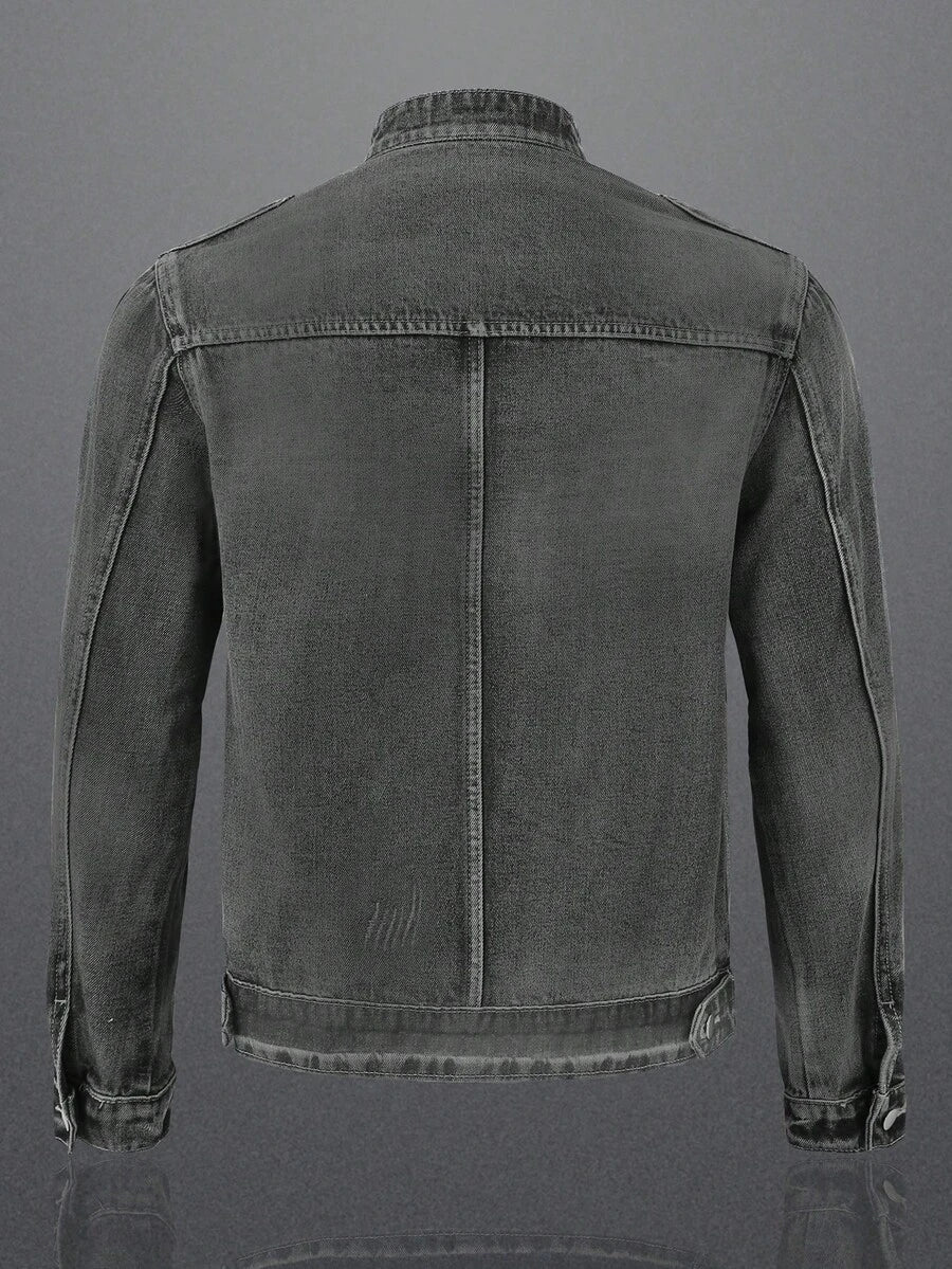 Manfinity Homme Men's Biker-Style Zip-Up Denim Jacket With Collar For Men, For Fall