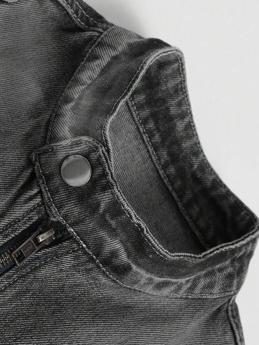 Manfinity Homme Men's Biker-Style Zip-Up Denim Jacket With Collar For Men, For Fall