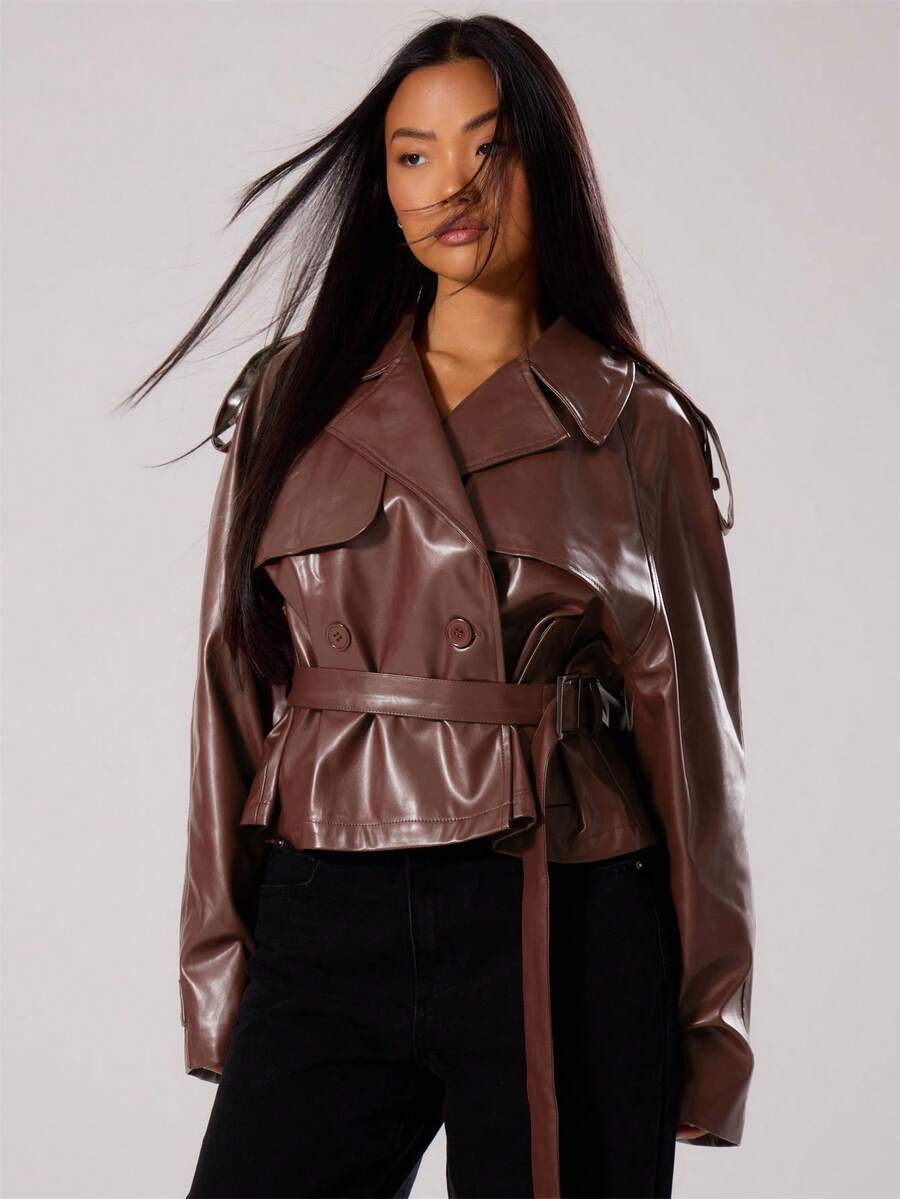 MUSERA PU Faux Leather Jacket Coat Tie Waist Cinched Pocket Detail Crop Trench Style Casual Everyday Winter Fall Autumn Outerwear Christmas