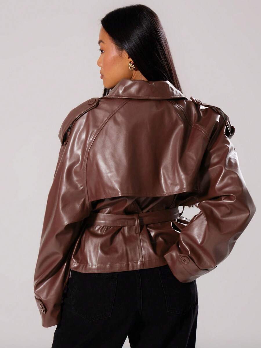 MUSERA PU Faux Leather Jacket Coat Tie Waist Cinched Pocket Detail Crop Trench Style Casual Everyday Winter Fall Autumn Outerwear Christmas