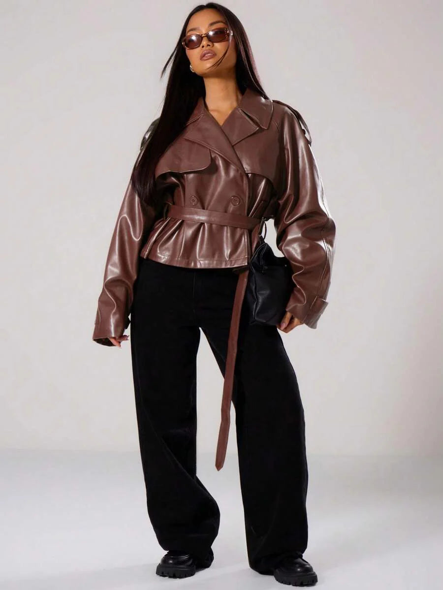 MUSERA PU Faux Leather Jacket Coat Tie Waist Cinched Pocket Detail Crop Trench Style Casual Everyday Winter Fall Autumn Outerwear Christmas