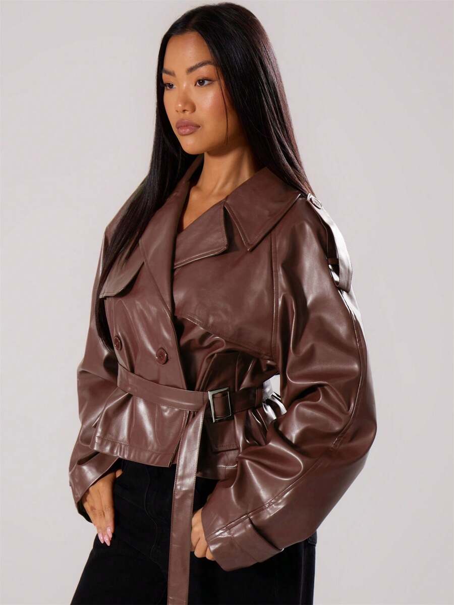 MUSERA PU Faux Leather Jacket Coat Tie Waist Cinched Pocket Detail Crop Trench Style Casual Everyday Winter Fall Autumn Outerwear Christmas