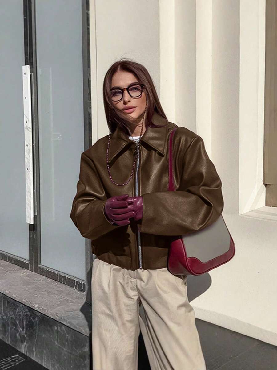 Vintage Casual Motorcycle Style Matte Leather Jacket For Women, Chic European And American Fashion, Zipper Closure, Warm And Windproof, Autumn