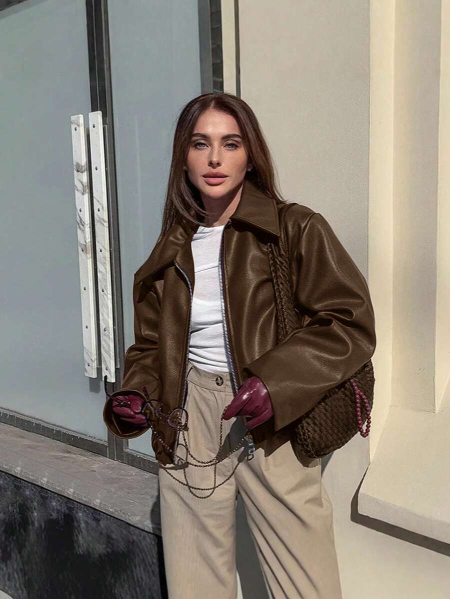 Women's Fashion Long Sleeve PU Leather Short Jacket With Collar And Zipper Details, Stylish Outerwear