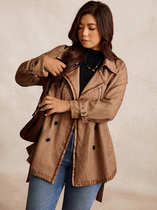 EMERY ROSE New Autumn/Winter Plus Size Women Vintage Lapel Double-Breasted Belted Trench Coat, Coffee/Brown Denim Print Mid-Length Windbreaker Jacket, Suitable For Christmas, New Year Party, Holiday, Loose Fit, Long Sleeve, Casual, Street Style