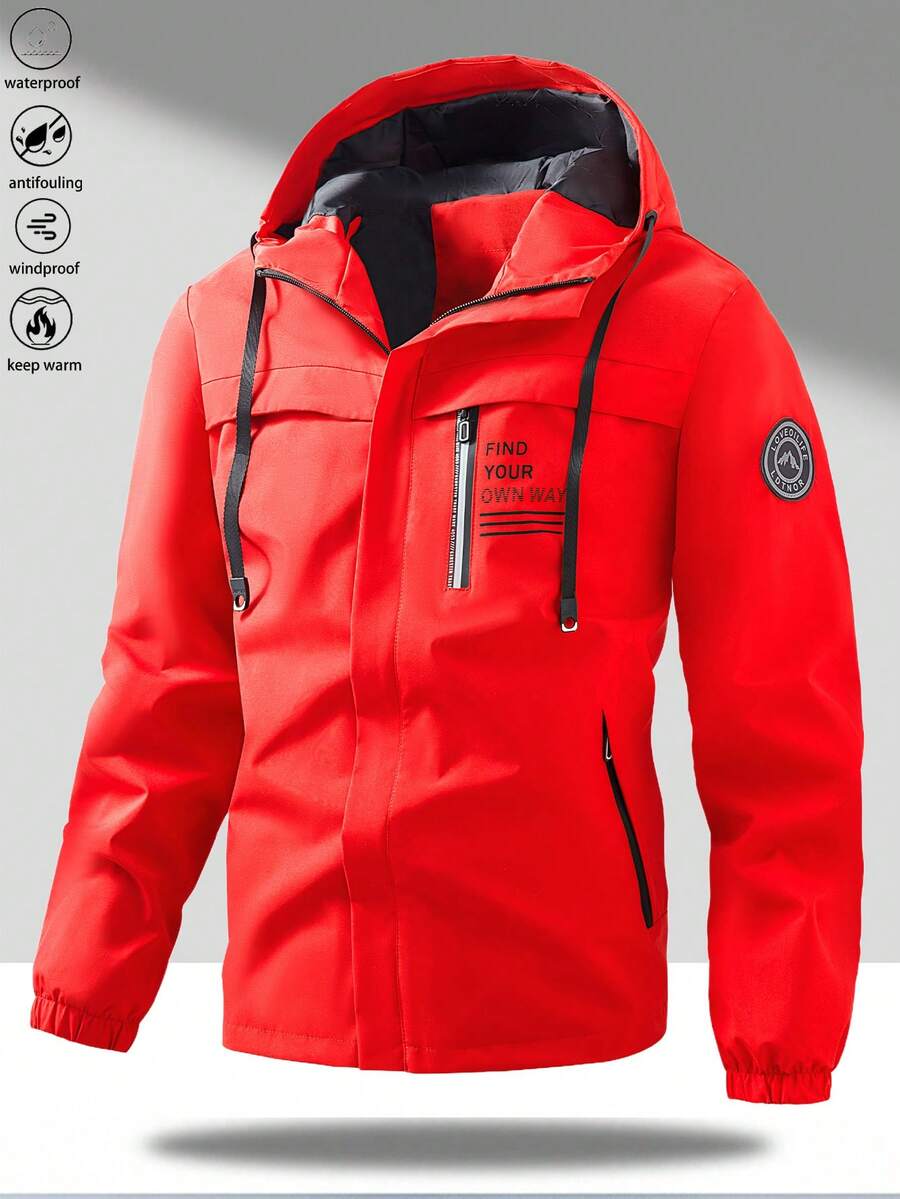 1pc Men's Lightweight Windproof Waterproof Hooded Jacket With Letter Print, Casual Outdoor Hiking Camping Workout, Autumn/Winter