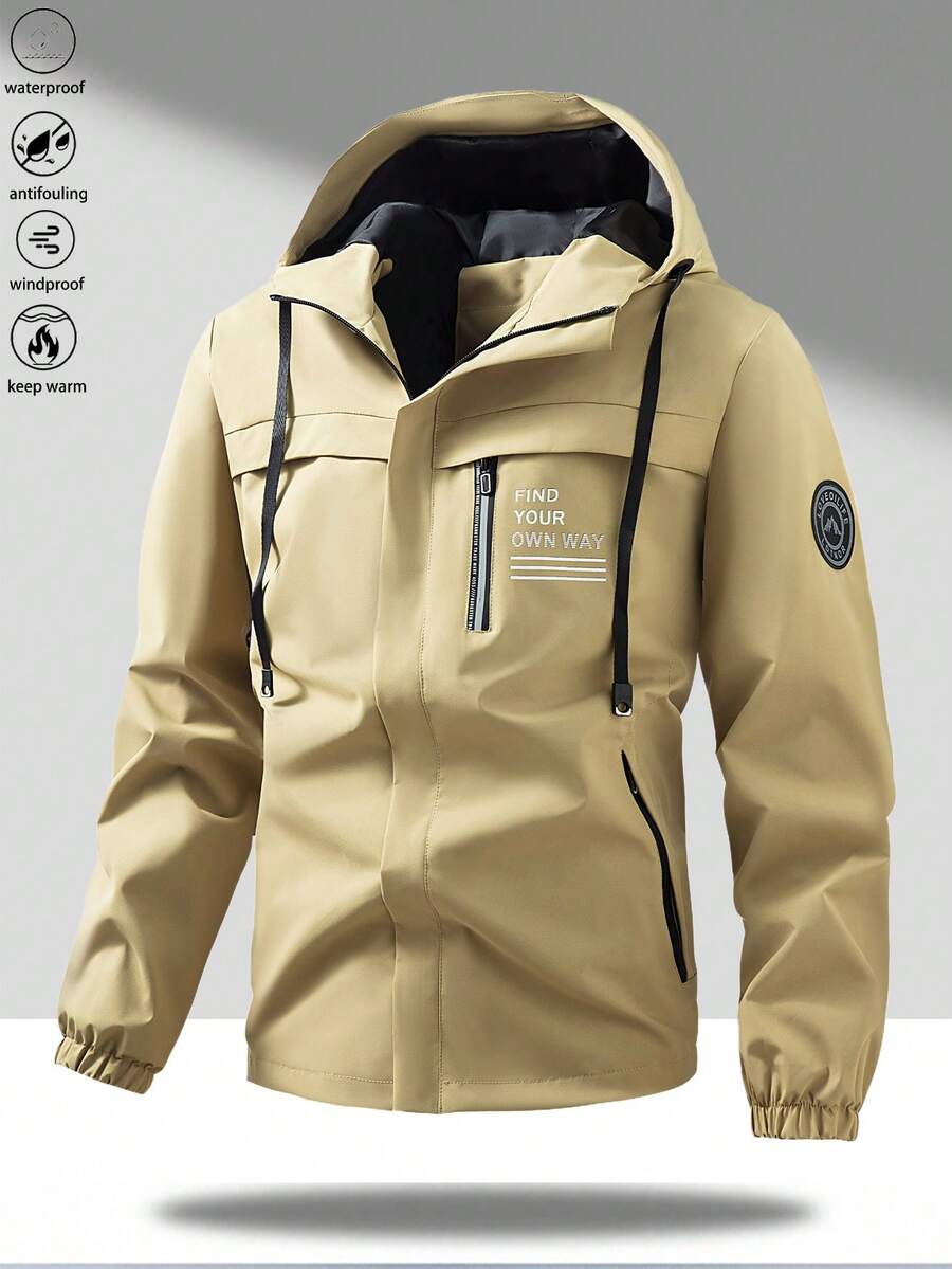 1pc Men's Lightweight Windproof Waterproof Hooded Jacket With Letter Print, Casual Outdoor Hiking Camping Workout, Autumn/Winter