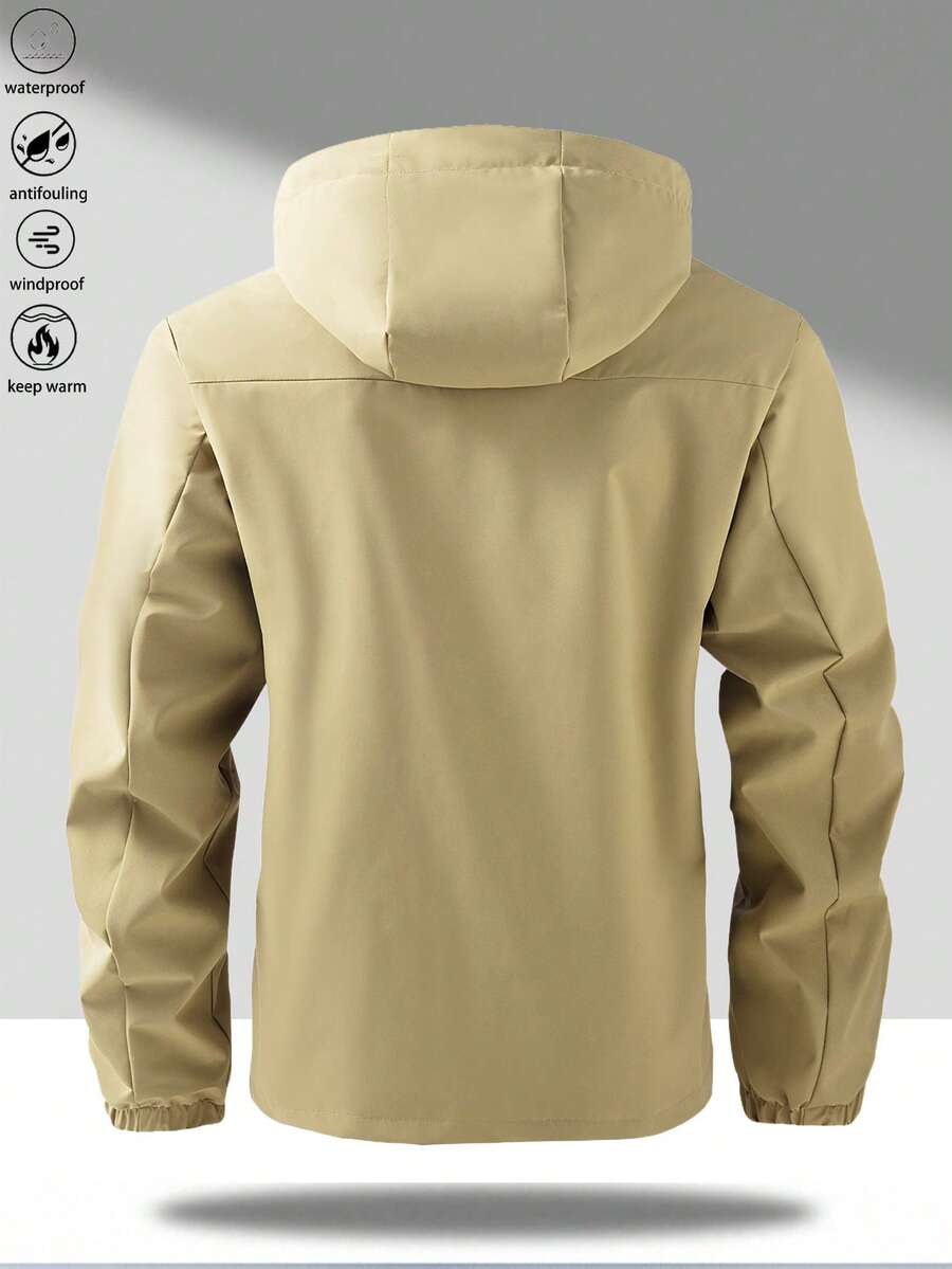 1pc Men's Lightweight Windproof Waterproof Hooded Jacket With Letter Print, Casual Outdoor Hiking Camping Workout, Autumn/Winter