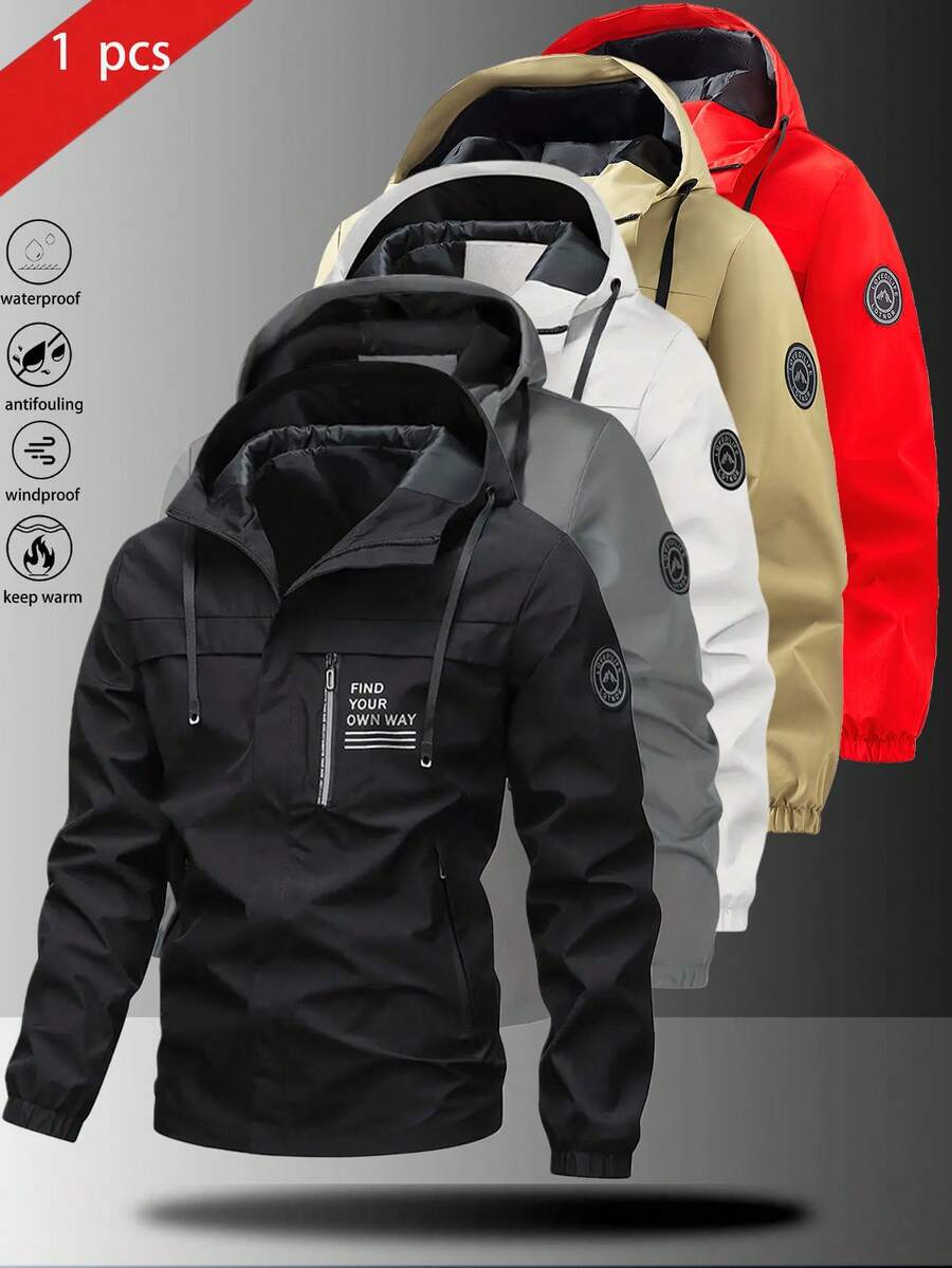 1pc Men's Lightweight Windproof Waterproof Hooded Jacket With Letter Print, Casual Outdoor Hiking Camping Workout, Autumn/Winter