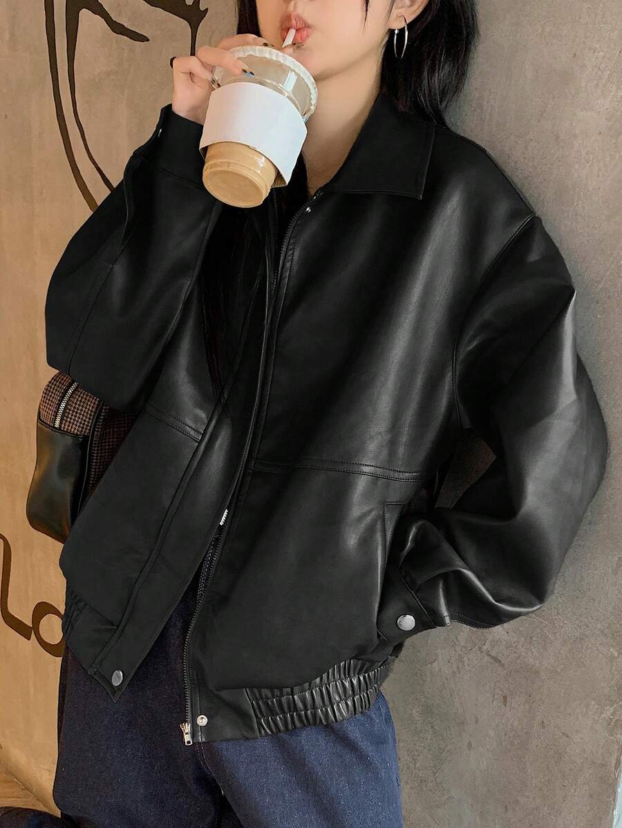 DAZY Women's Casual Solid Color Long Sleeve Loose Zip-Up PU Leather Jacket, Fall Women Clothes