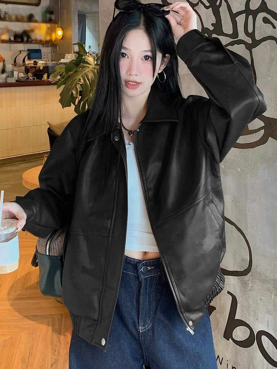 DAZY Women's Solid Color Long Sleeve Zipper Front PU Leather Loose Casual Jacket, Autumn, Fall Women Clothes