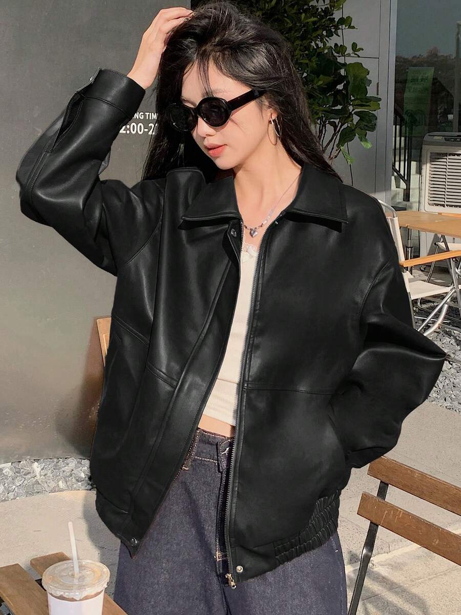 DAZY Women's Casual Solid Color Long Sleeve Loose Zip-Up PU Leather Jacket, Fall Women Clothes