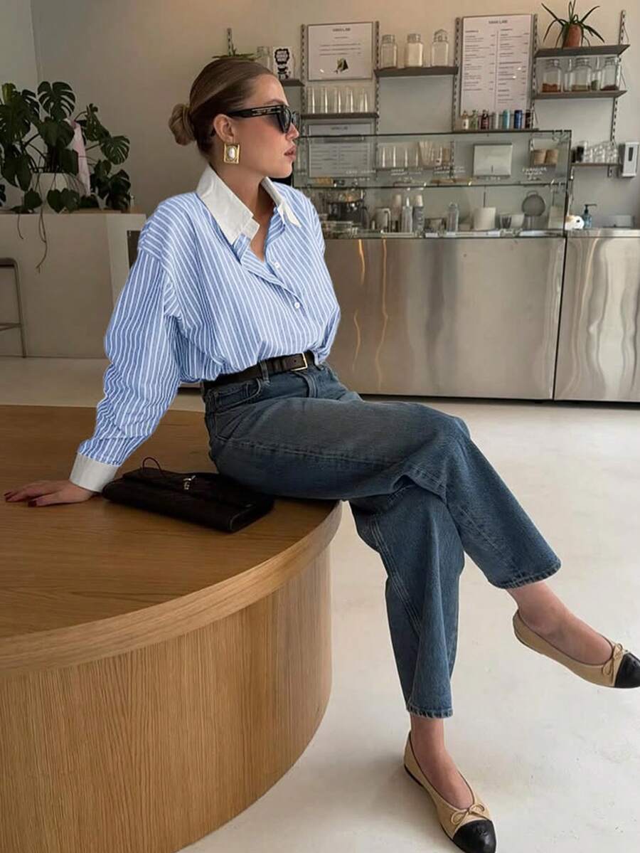 Doriss Plus-Size Loose Striped Color-Block Casual Shirt