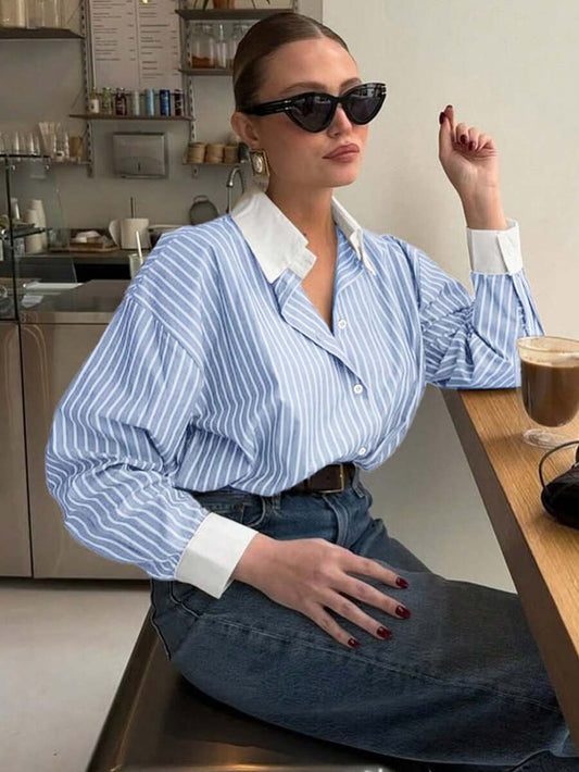 Doriss Plus-Size Loose Striped Color-Block Casual Shirt