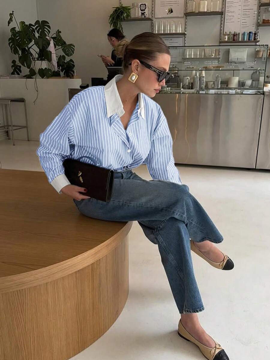 Doriss Plus-Size Loose Striped Color-Block Casual Shirt