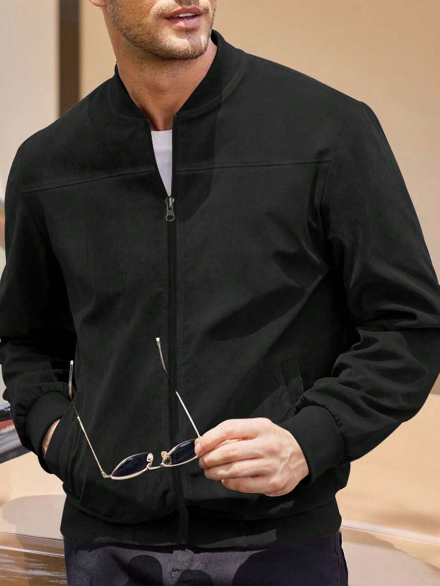 Men's Spring/Autumn Suede Fleece Lightweight Jacket, Comfortable Soft Casual Outerwear, Retro Stand Collar Zip-Up Baseball Jacket, Loose Minimalist Versatile Short Top [Runs Large, Suggest Ordering One Size Down]