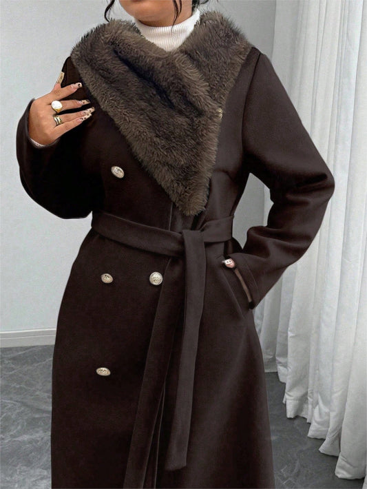 Elenzga Plus Size Women's Winter Solid Color Tie Waist Double-Breasted Long Sleeve High-End Elegant Romantic Long Woolen Collar Splicing Fur Coat Chocolate Brown Coats