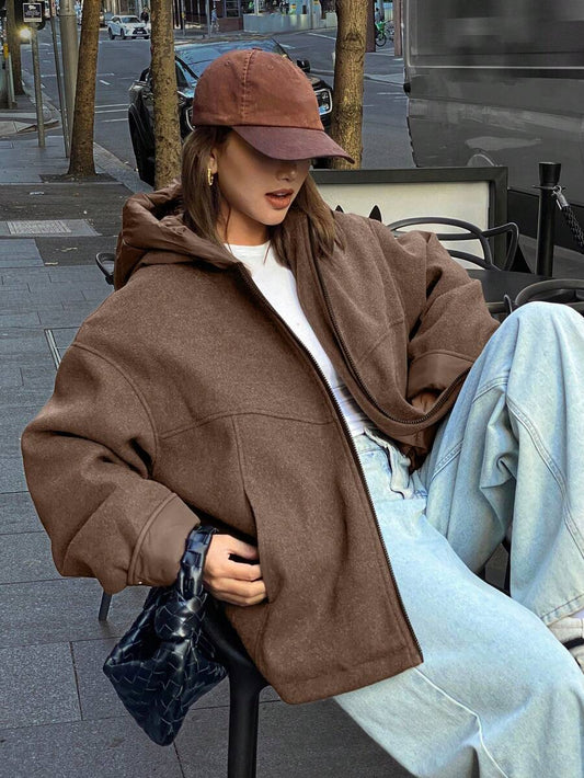 DAZY Women's Solid Color Drop Shoulder Long Sleeve Zipper Front Casual Hooded Winter Jacket