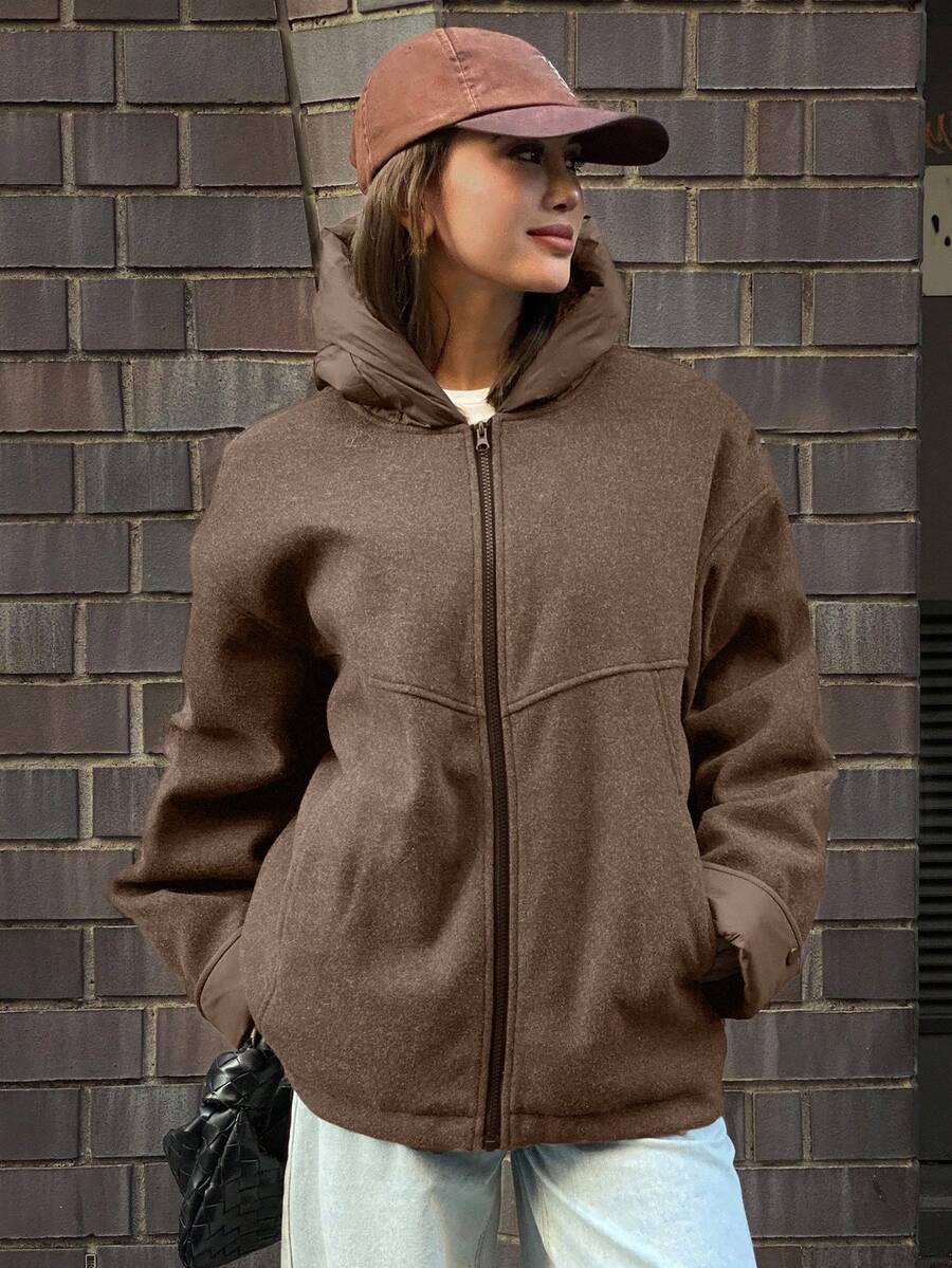 DAZY Women's Solid Color Drop Shoulder Long Sleeve Zipper Front Casual Hooded Winter Jacket