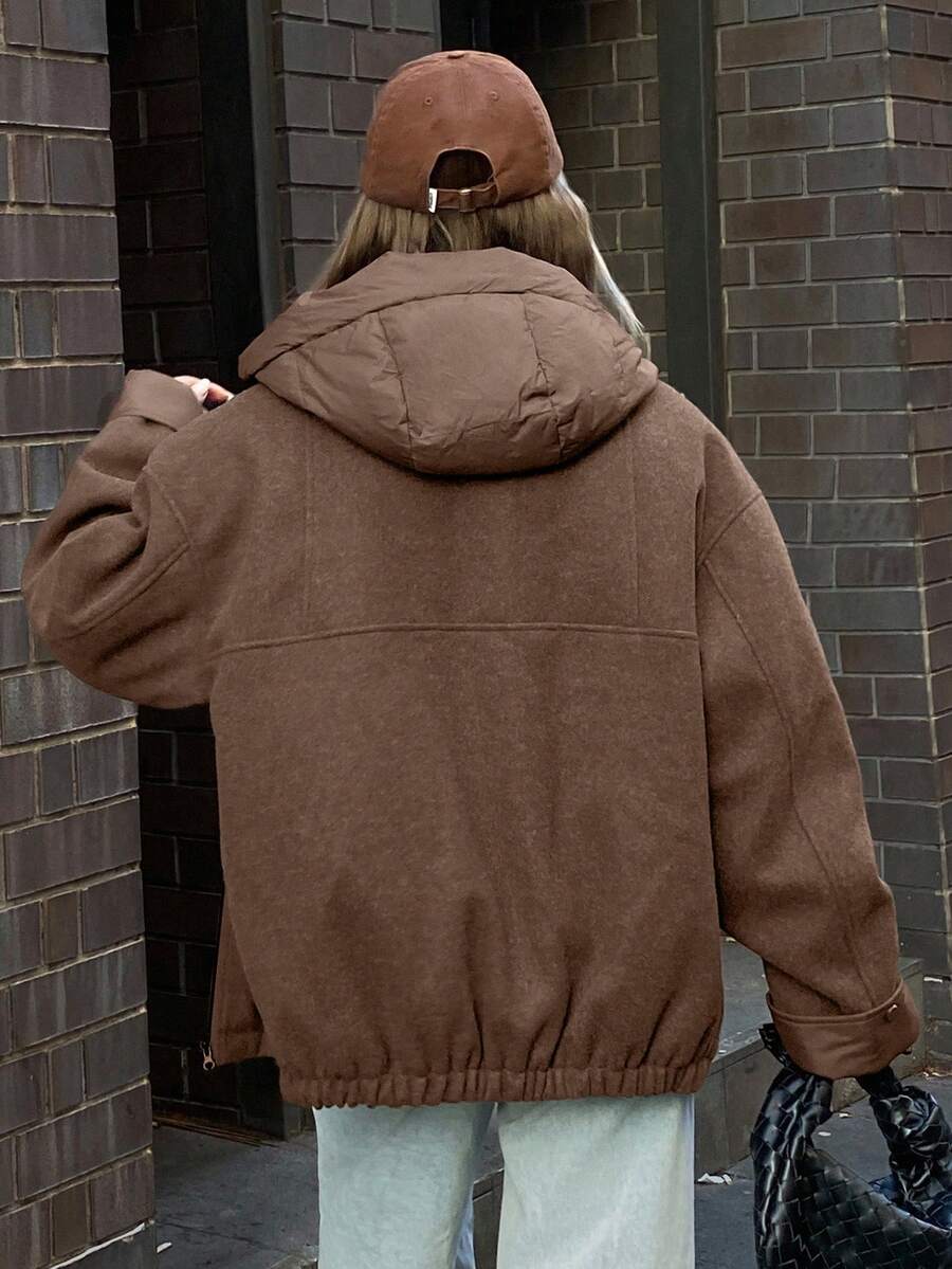 DAZY Women's Solid Color Drop Shoulder Long Sleeve Zipper Front Casual Hooded Winter Jacket