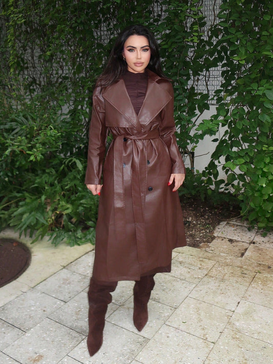 Durrani Popal Women's Regular Fit Pu Leather Jacket With Contrast Lapel, Tie Belt And Waistband In Fall/Winter