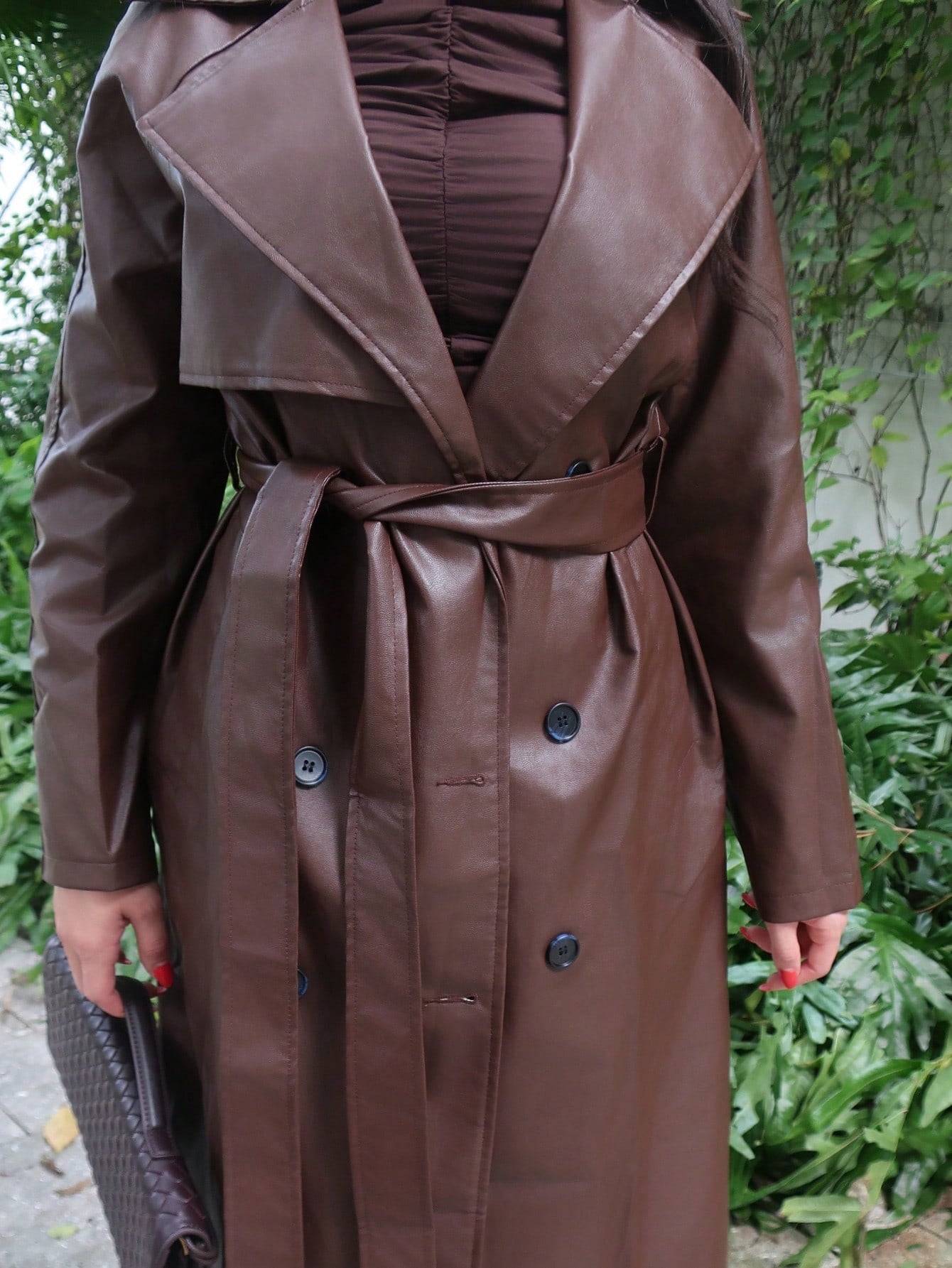 Durrani Popal Women's Regular Fit Pu Leather Jacket With Contrast Lapel, Tie Belt And Waistband In Fall/Winter