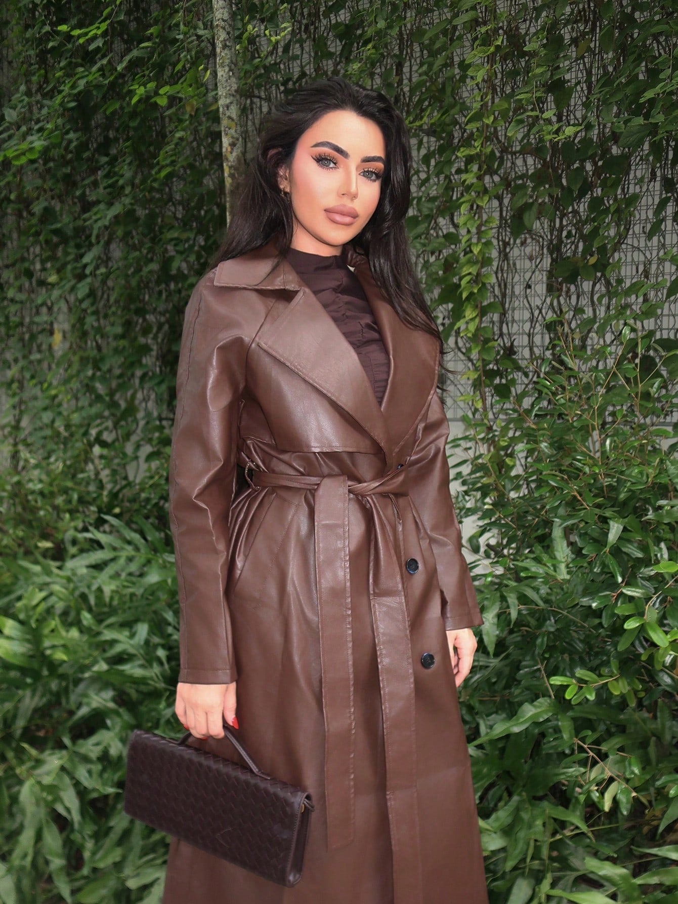 Durrani Popal Women's Regular Fit Pu Leather Jacket With Contrast Lapel, Tie Belt And Waistband In Fall/Winter