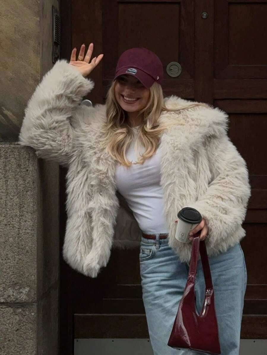 HH Faux Fur Jacket For Women Elegant Solid Lapel Long Sleeve Coat Casual Loose Female Winter Oversize Lady Chic Streetwear Jakcets