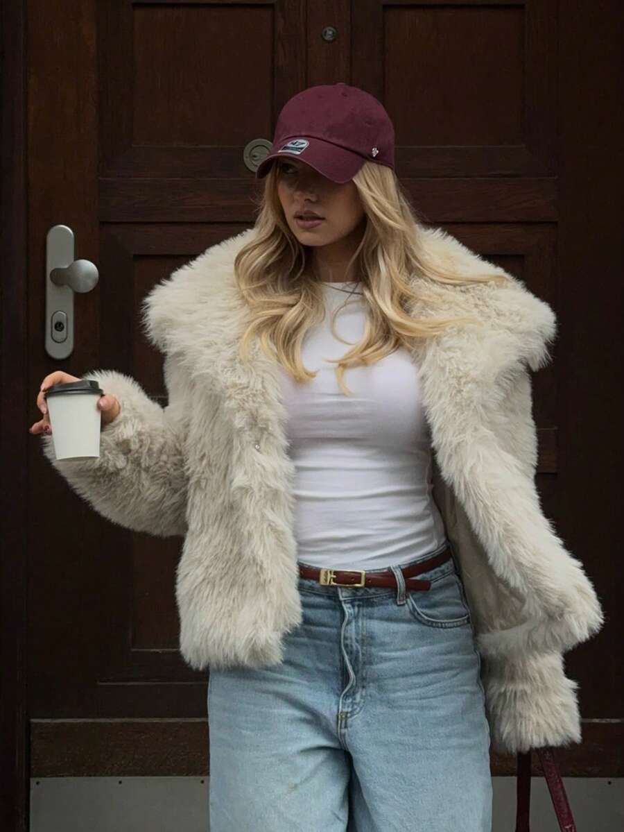 HH Faux Fur Jacket For Women Elegant Solid Lapel Long Sleeve Coat Casual Loose Female Winter Oversize Lady Chic Streetwear Jakcets