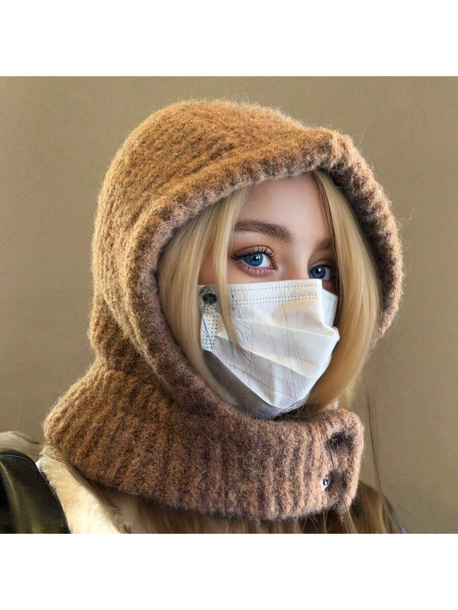 Balaclava Hat For Women, Autumn And Winter Warm Hat With Neck Warmer, Couple Style, Ear Protection Knitted Hat - Two Wearing Methods, Suitable For Outdoor, Skiing, Fashion Accessory