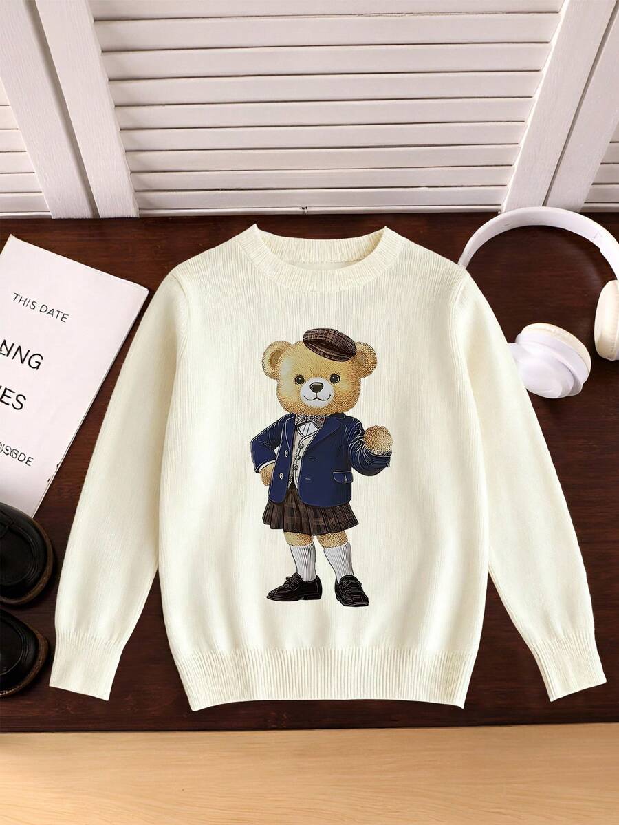 1pc Girls Casual Vintage Leopard Print Bow Graphic Long Sleeve Sweater, Suitable For Autumn/Winter Everyday Indoor