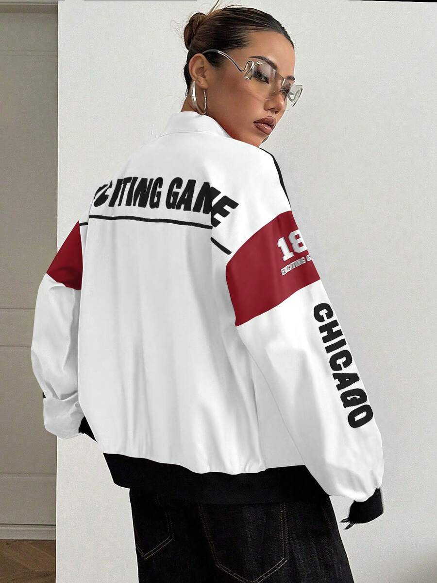 PETITE Letter Print Contrast Color Drop Shoulder Bomber Jacket For New Year Clothes
