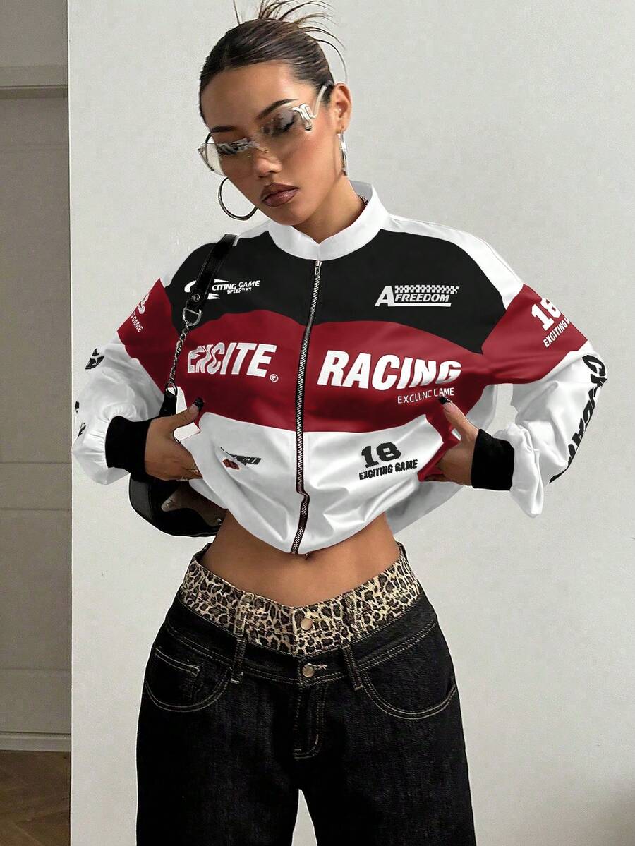 PETITE Letter Print Contrast Color Drop Shoulder Bomber Jacket For New Year Clothes
